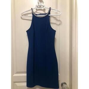 Excellent used condition Navy blue rhinestone neckline dress, size small